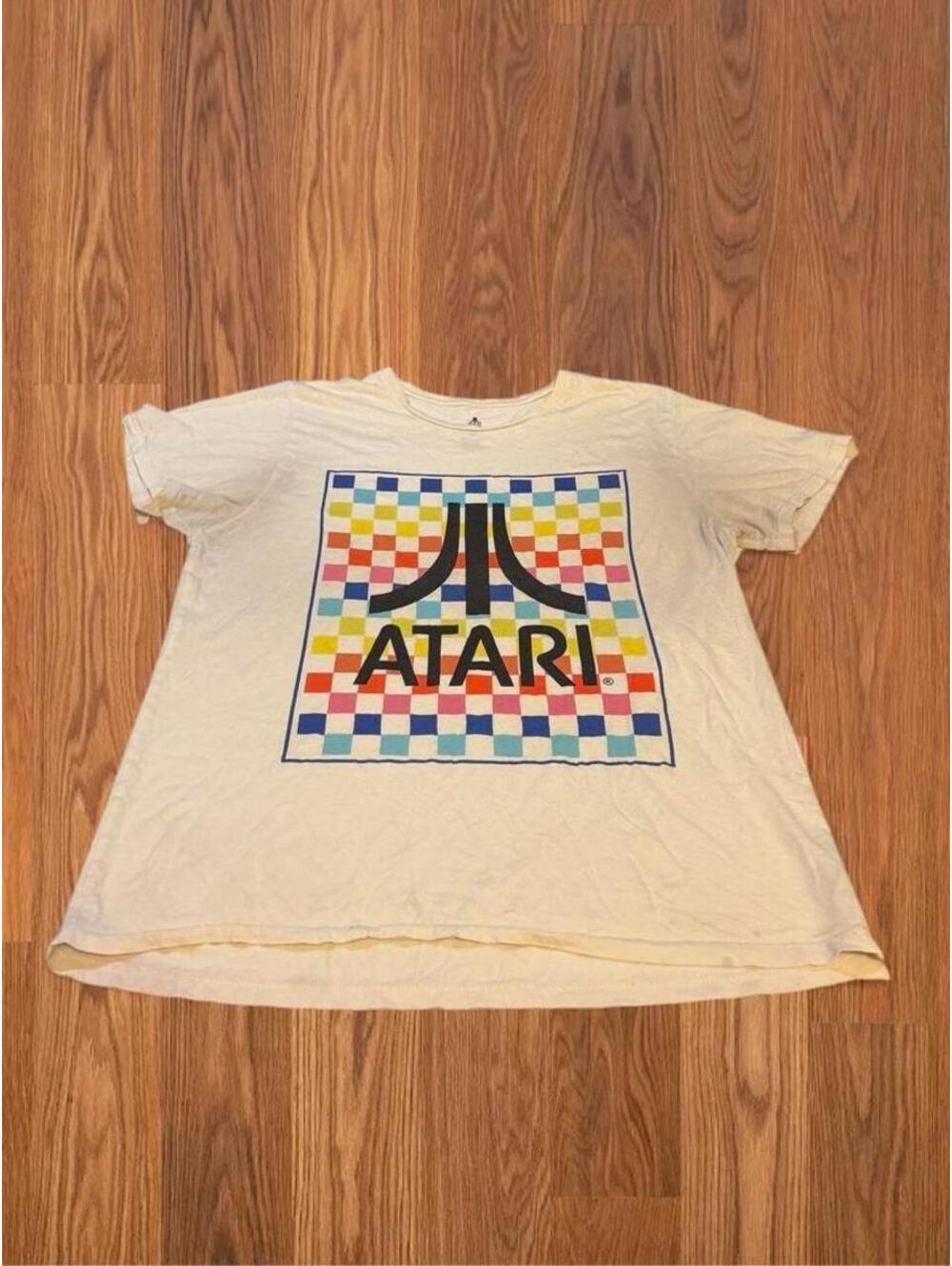 Vintage Atari Video Game T Shirt Checkered Logo Graphic Retro Gaming Cream